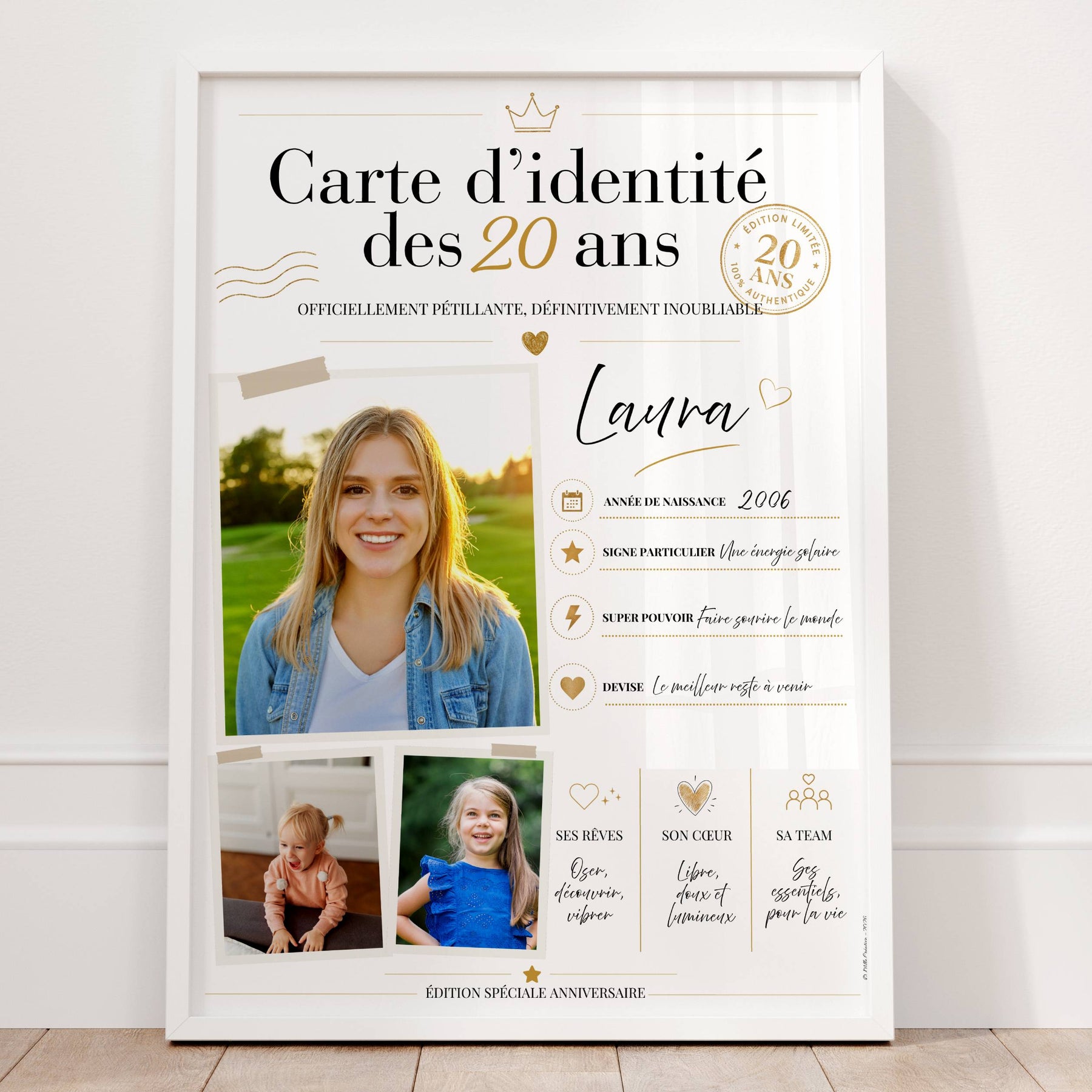 Affiche carte d’identité 20 ans femme encadrée, cadeau anniversaire personnalisé avec photos