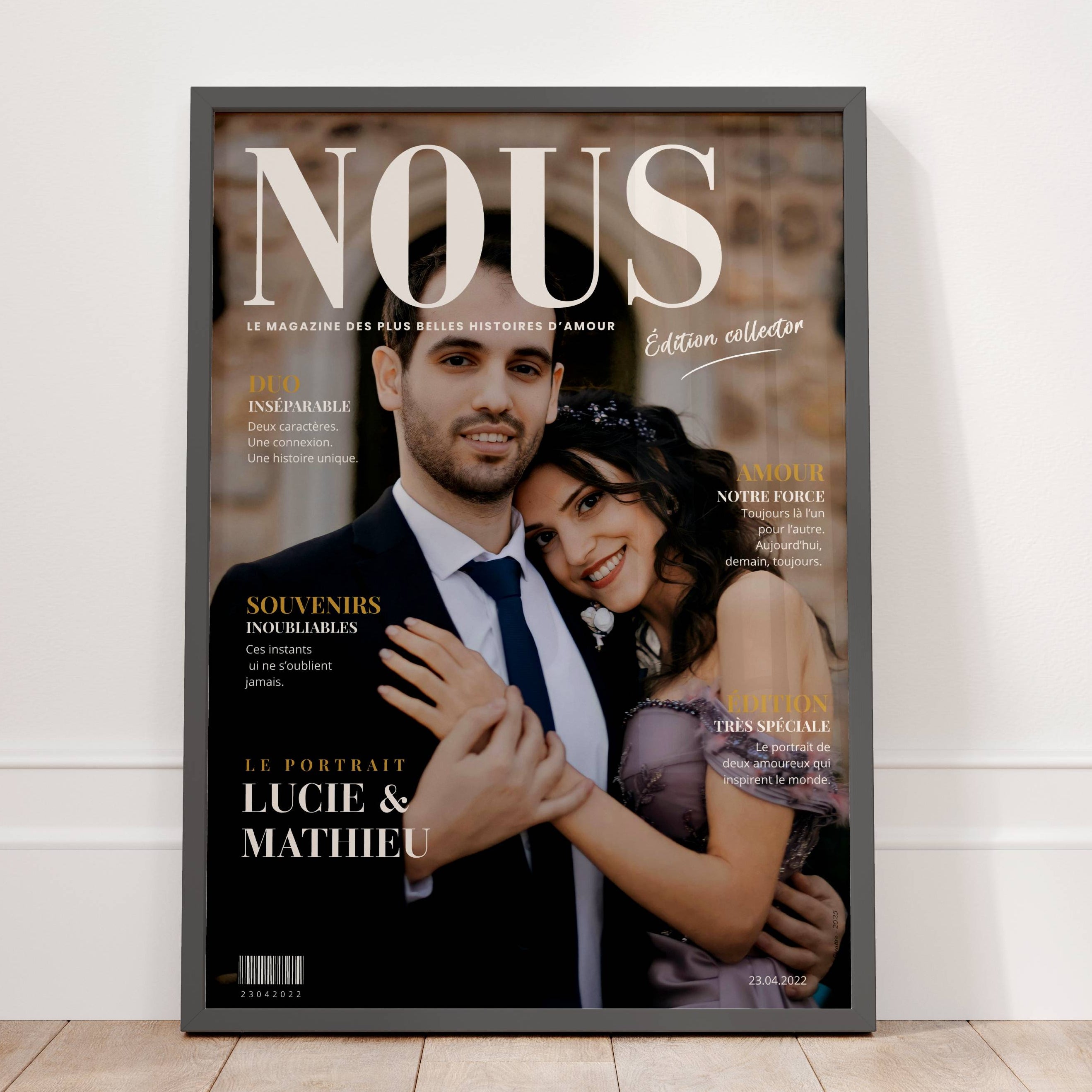Cadeau couple personnalisé sous forme de couverture de magazine avec photo, prénoms et date à personnaliser.