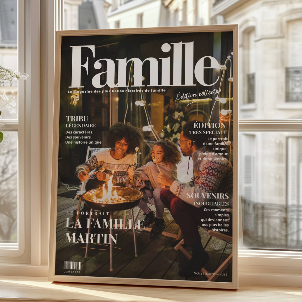 Affiche magazine famille personnalisée avec photo, nom de famille et mise en page collector élégante.