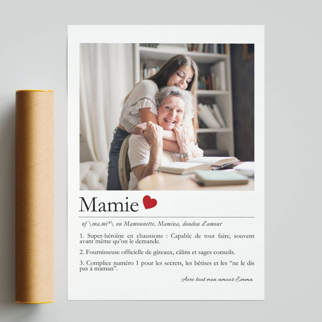 Affiche définition mamie personnalisée avec photo, cadeau émouvant pour grand-mère, décoration murale famille