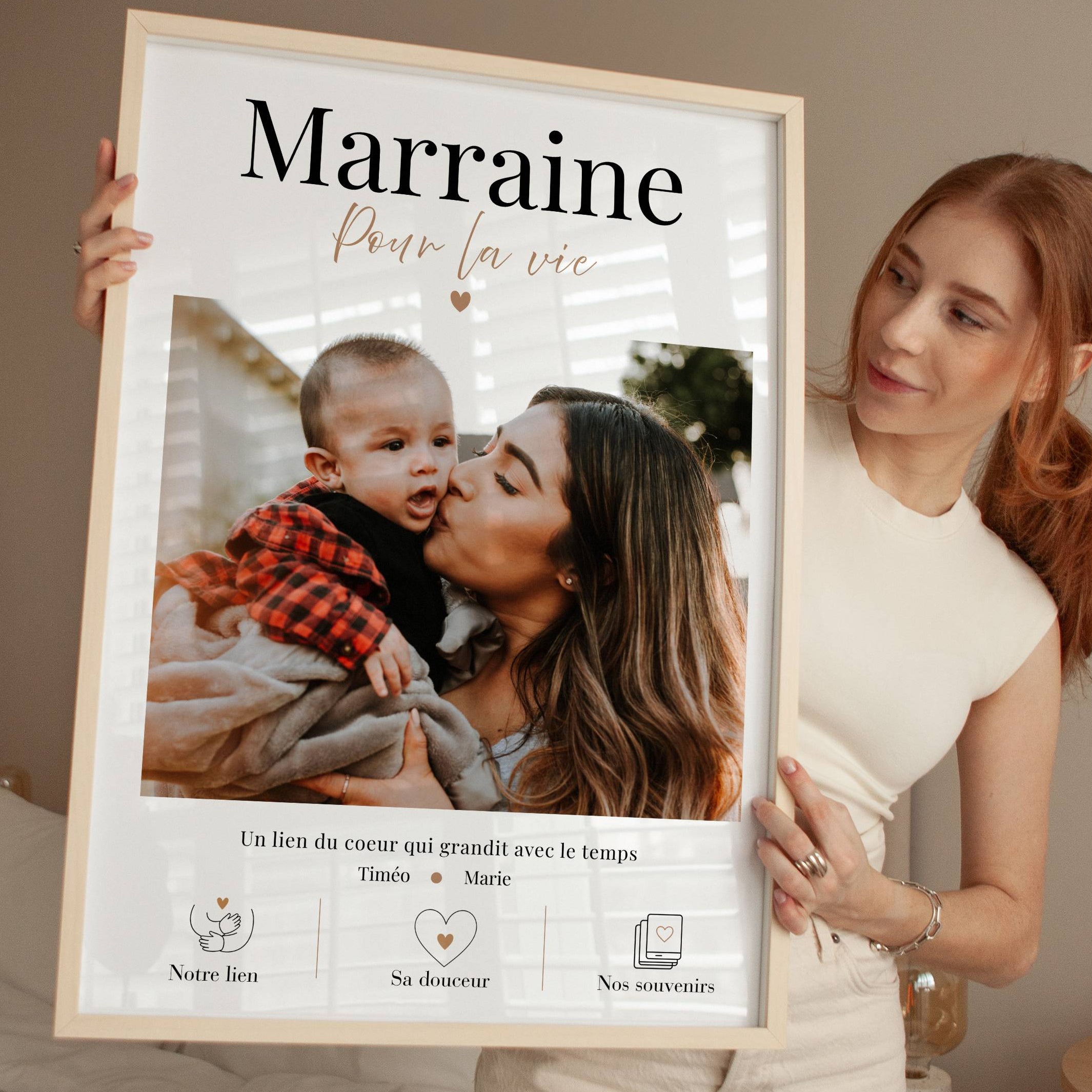 Cadeau marraine personnalisé avec photo, affiche Marraine pour la vie avec prénoms et message tendre
