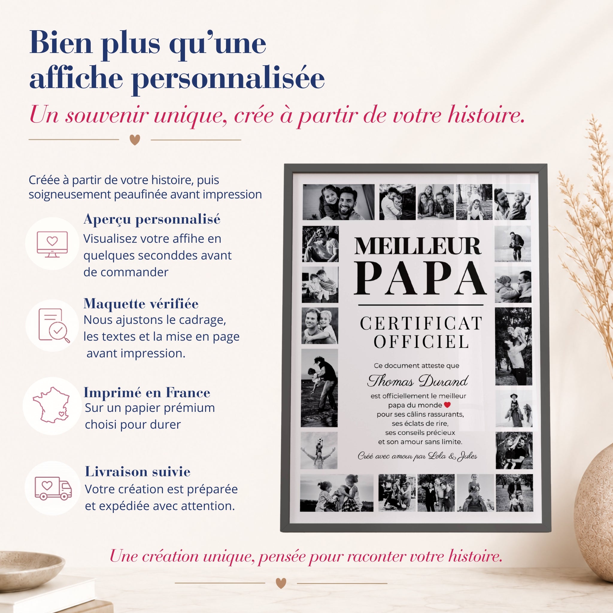 Affiche papa personnalisée avec photo, aperçu avant commande, maquette vérifiée, impression en France et livraison suivie.