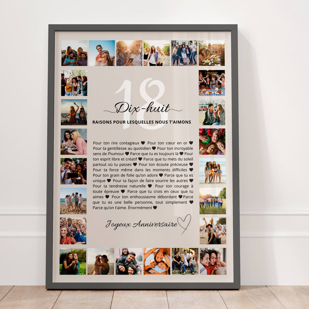 Cadeau 18 ans personnalisé affiche anniversaire avec 24 photos souvenir