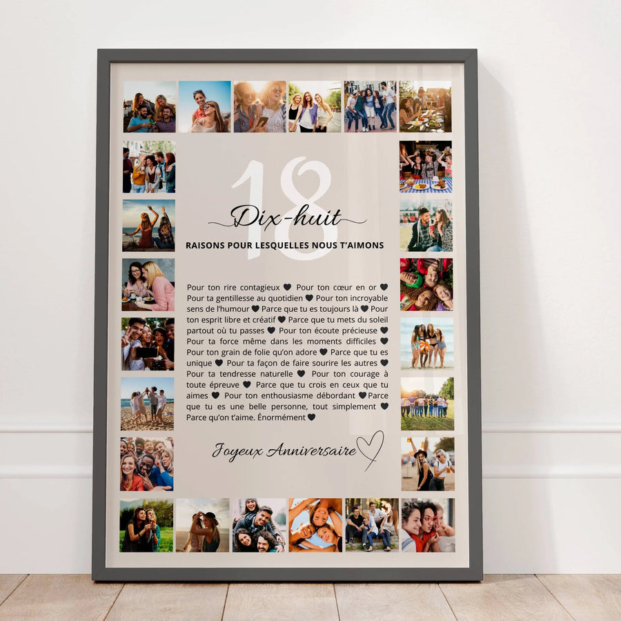 Cadeau 18 ans personnalisé affiche anniversaire avec 24 photos souvenir