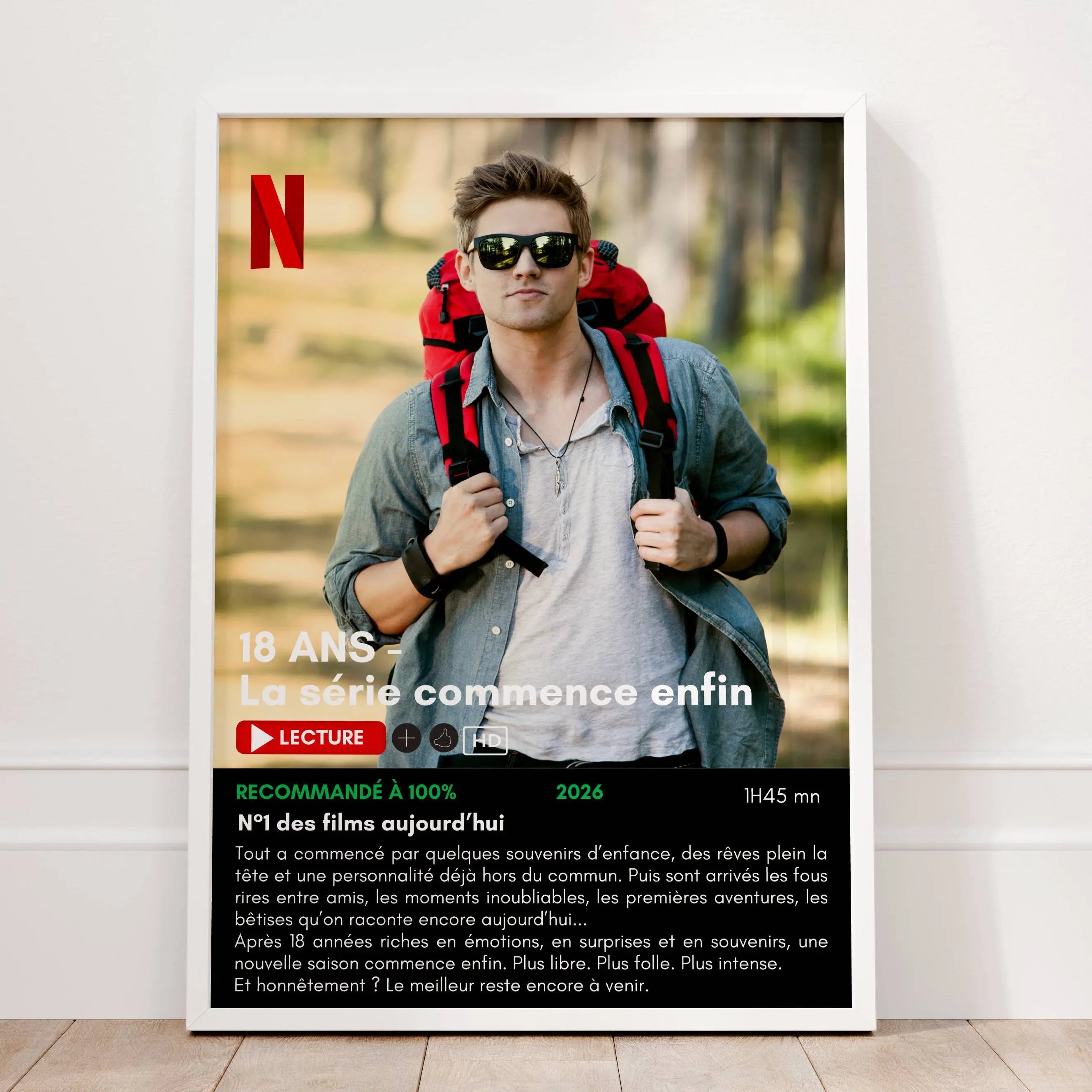 Poster personnalisé style plateforme streaming pour décoration anniversaire 18 ans moderne et tendance.