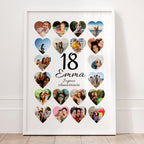 Cadeau 18 ans personnalisé affiche anniversaire avec photos en forme de cœur et prénom
