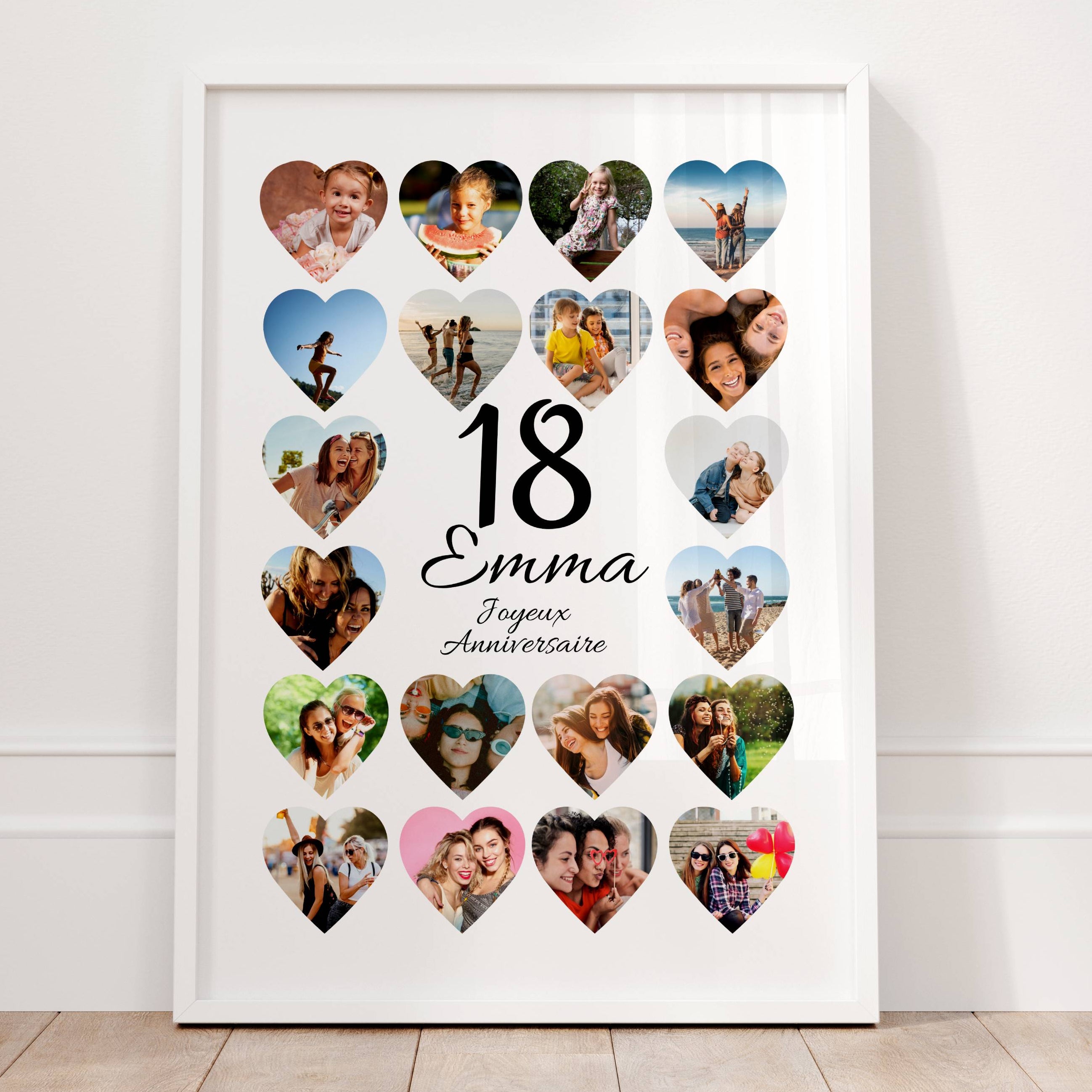 Cadeau 18 ans personnalisé affiche anniversaire avec photos en forme de cœur et prénom