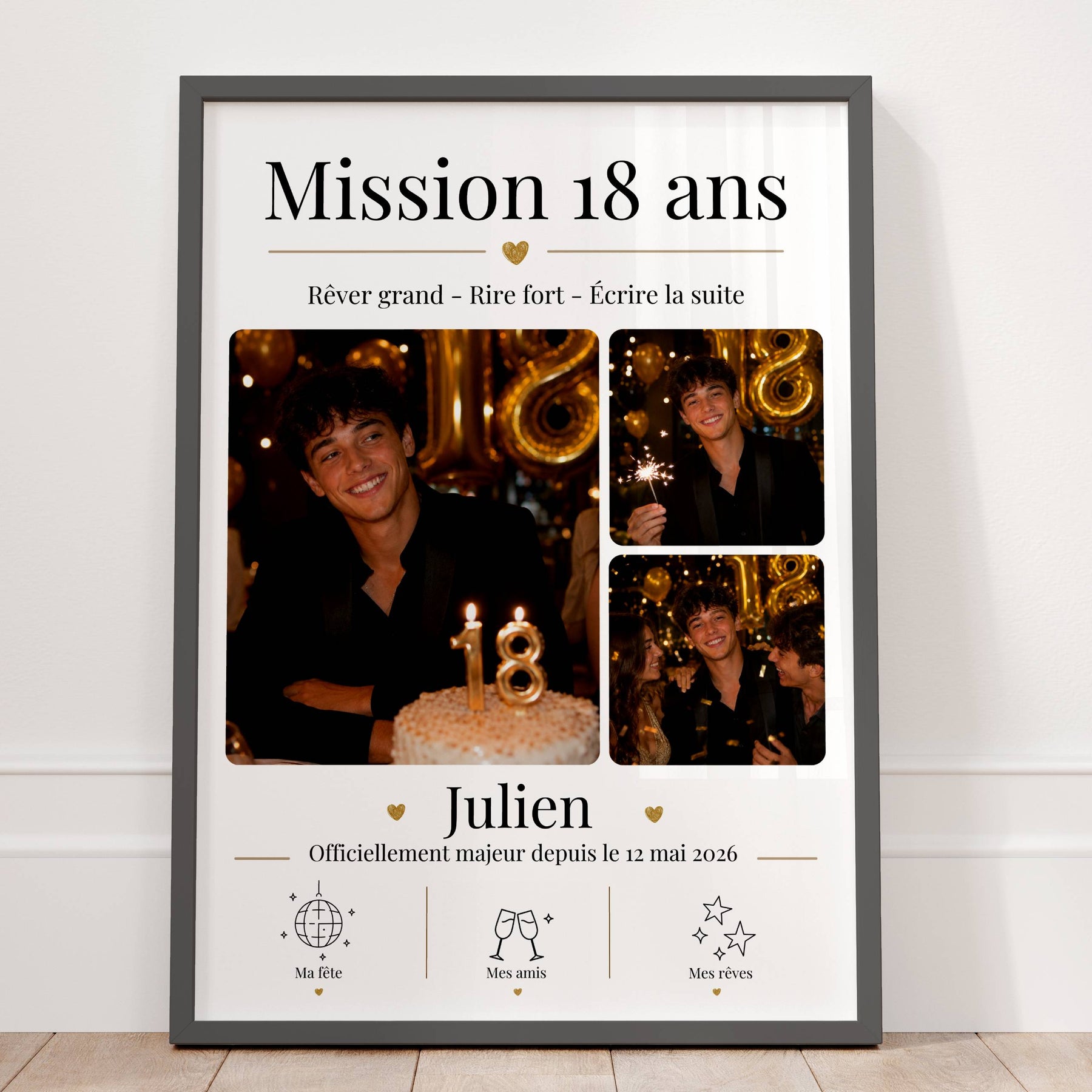  affiche 18 ans personnalisée garçon avec photos de fête, prénom et date d’anniversaire.
