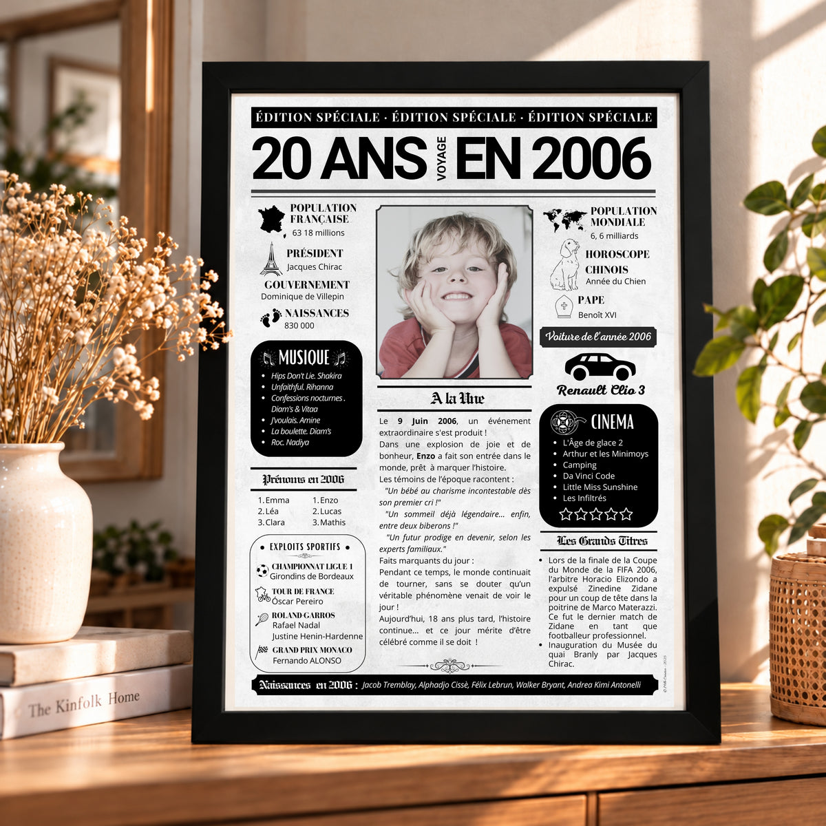 Affiche journal 20 ans personnalisée avec photo dans un cadre noir, posée sur un meuble