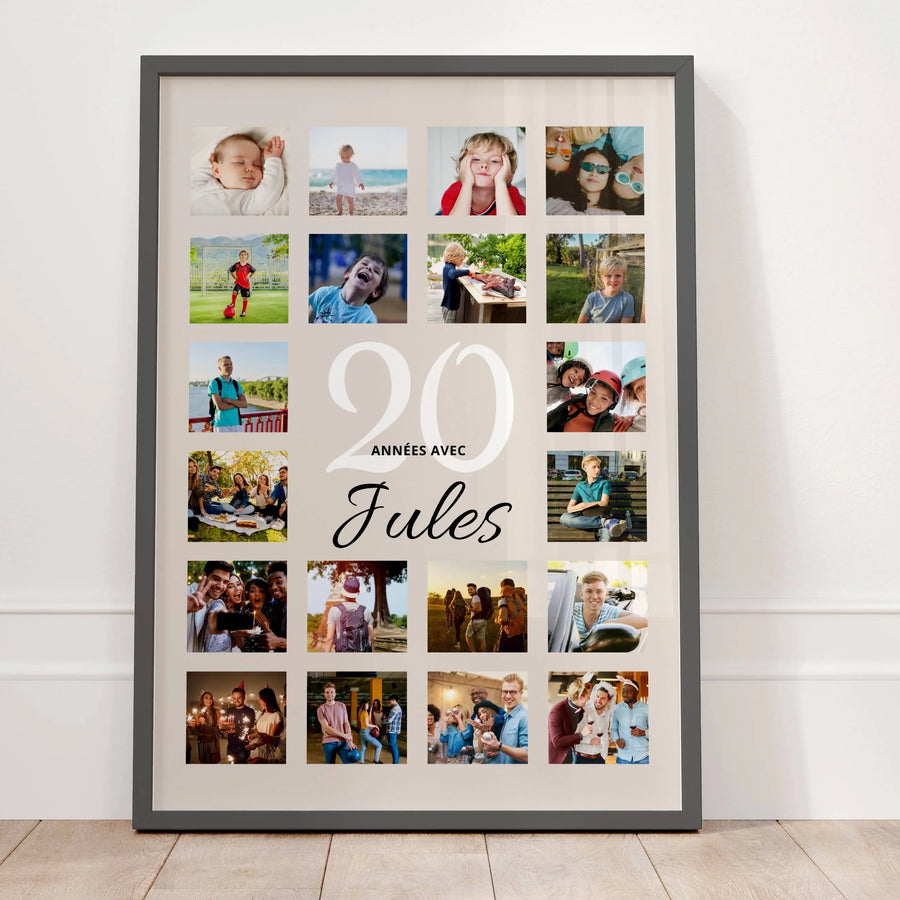 Cadeau 20 ans garçon personnalisé affiche anniversaire avec collage photos souvenir
