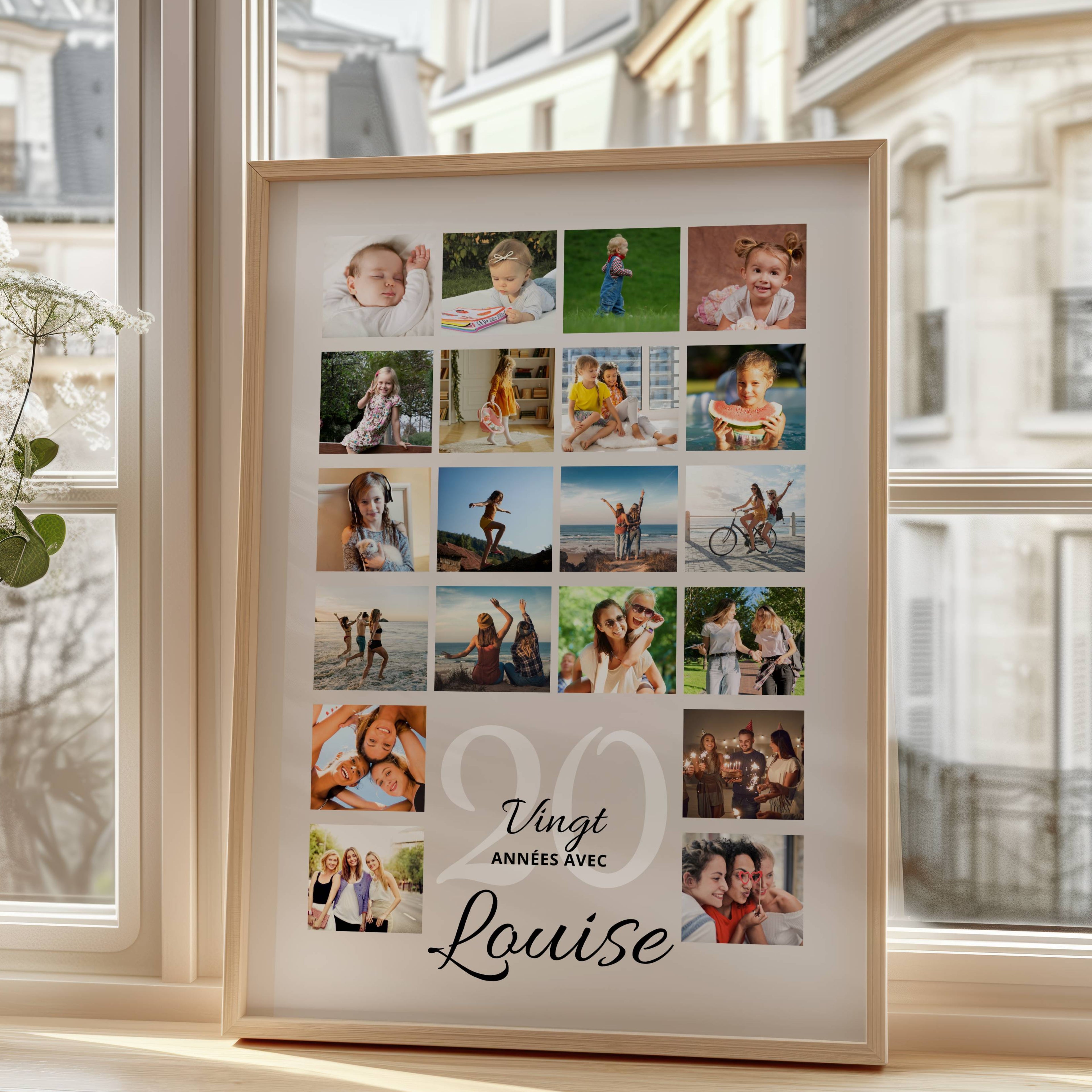 Cadeau 20 ans fille personnalisé avec ses photos d'enfance, d'amis et de famille réunies dans une affiche souvenir