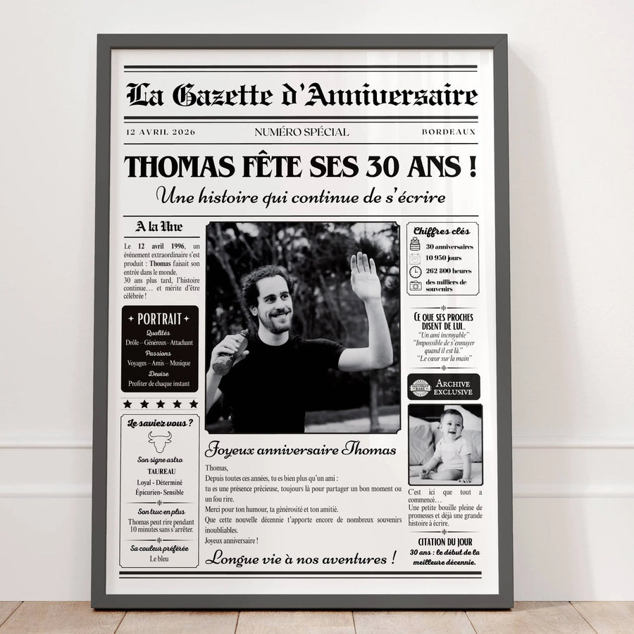 Affiche gazette anniversaire 30 ans homme personnalisée avec photo et style journal