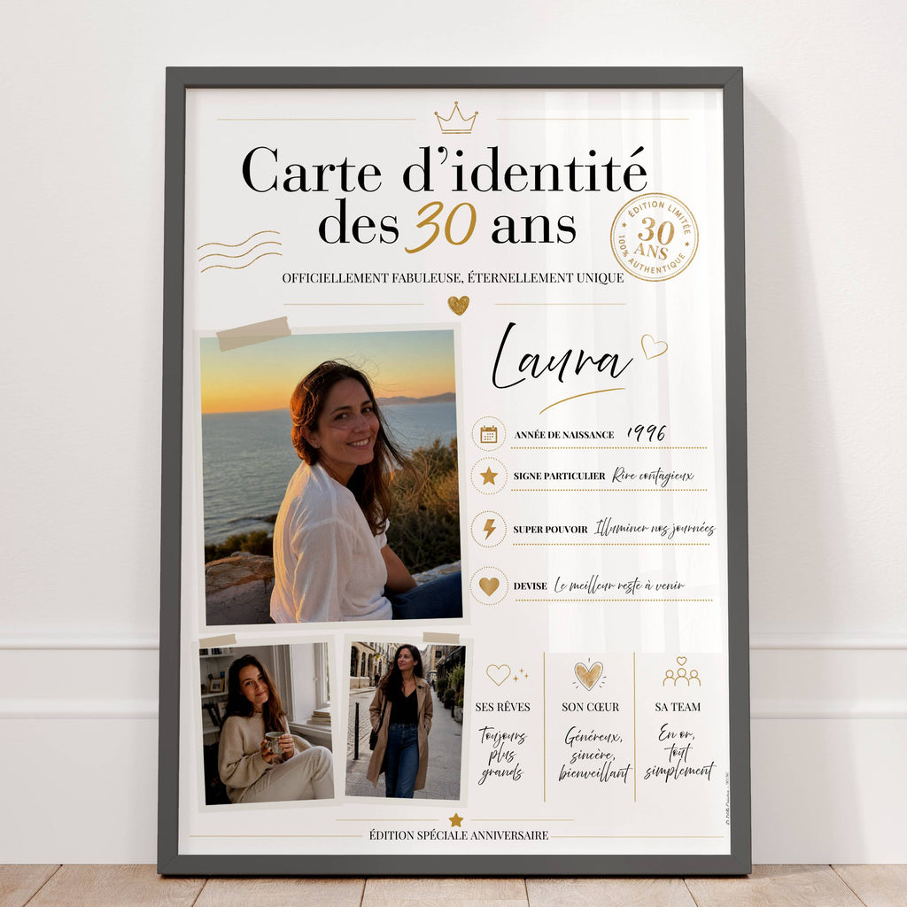 Cadeau personnalisé pour ses 30 ans avec photos, année de naissance, devise, qualités et souvenirs réunis sur une affiche.