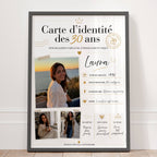Cadeau personnalisé pour ses 30 ans avec photos, année de naissance, devise, qualités et souvenirs réunis sur une affiche.