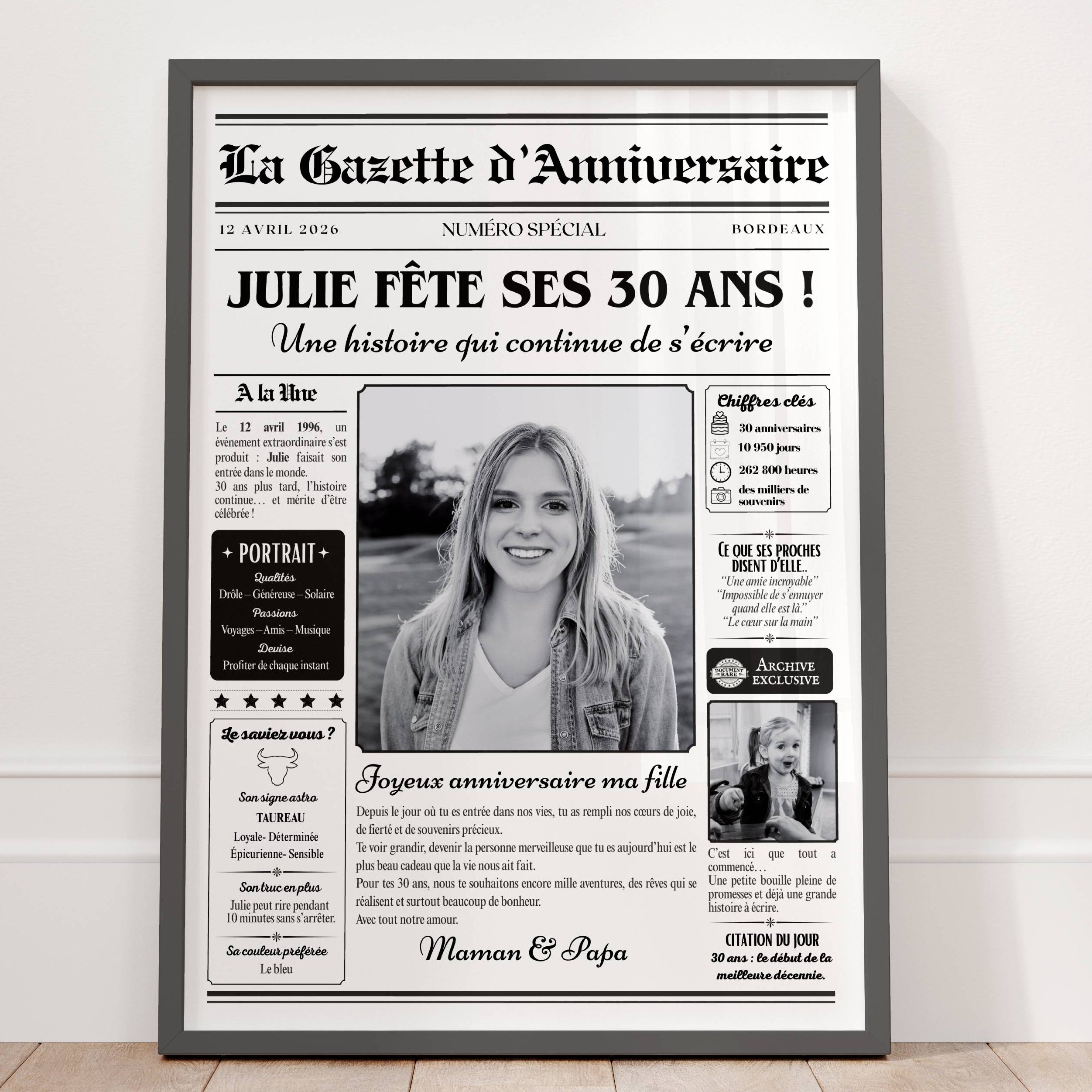 Affiche anniversaire 30 ans personnalisée façon journal avec souvenirs et message des proches