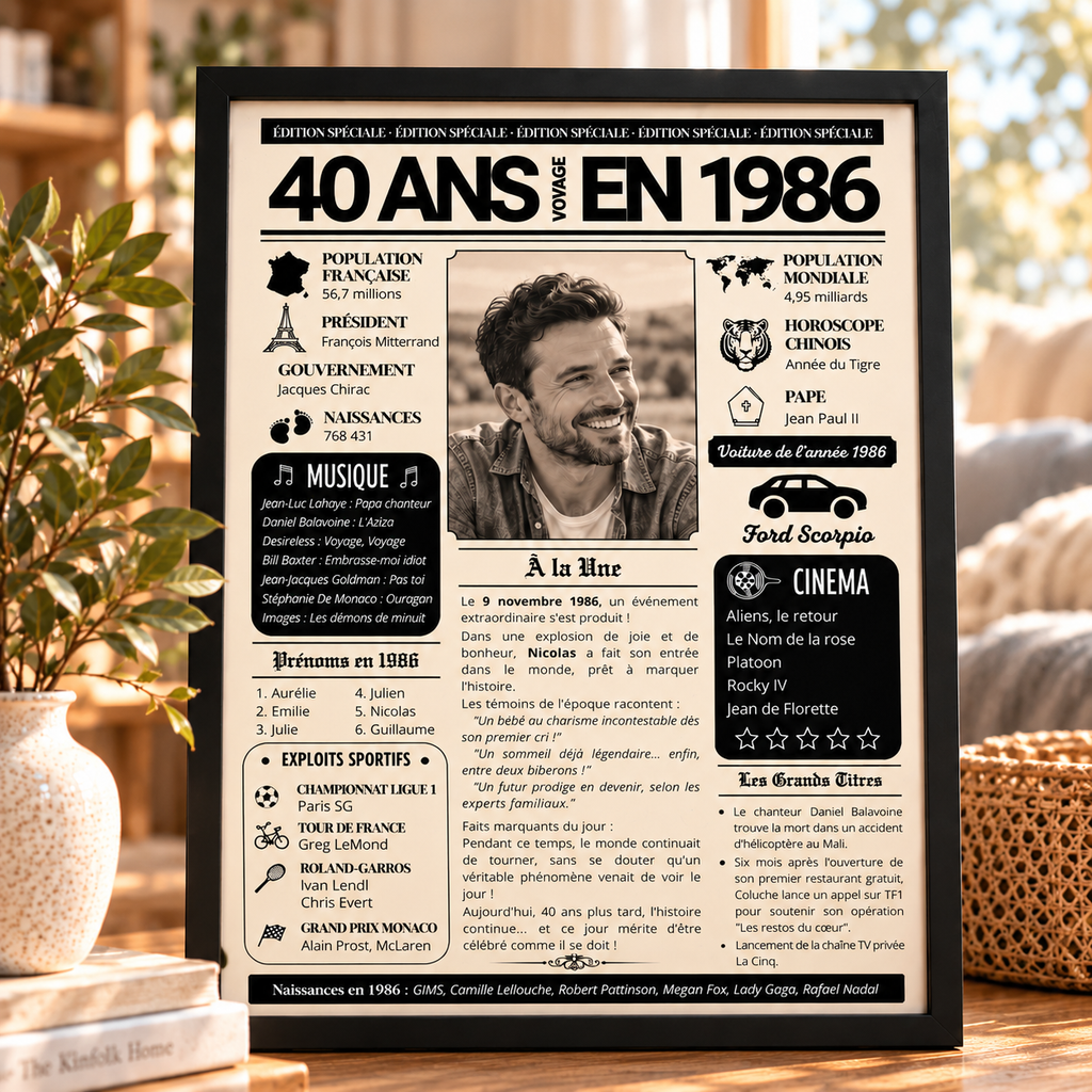 Affiche journal personnalisée 40 ans encadrée en décoration