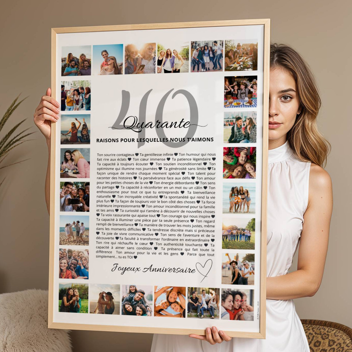 Affiche cadeau 40 ans femme personnalisée avec 24 photos et 40 raisons pour lesquelles nous t’aimons