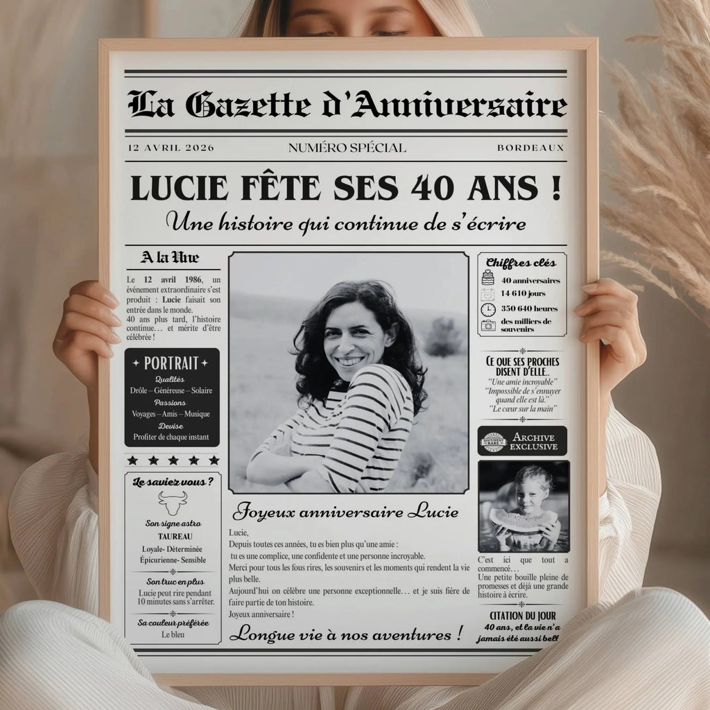 Affiche gazette anniversaire 40 ans femme personnalisée avec photo style journal