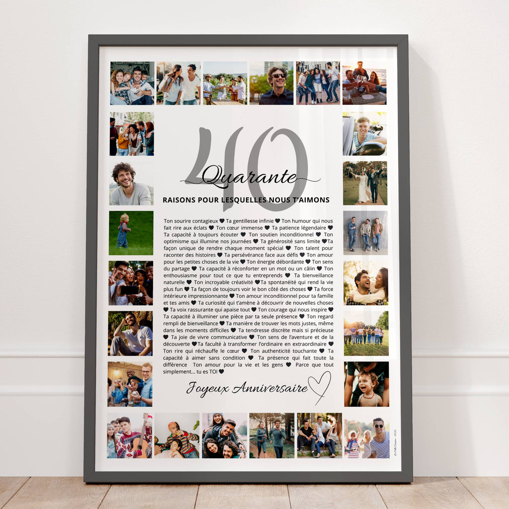 Affiche cadeau 40 ans homme personnalisée avec 24 photos et 40 raisons anniversaire