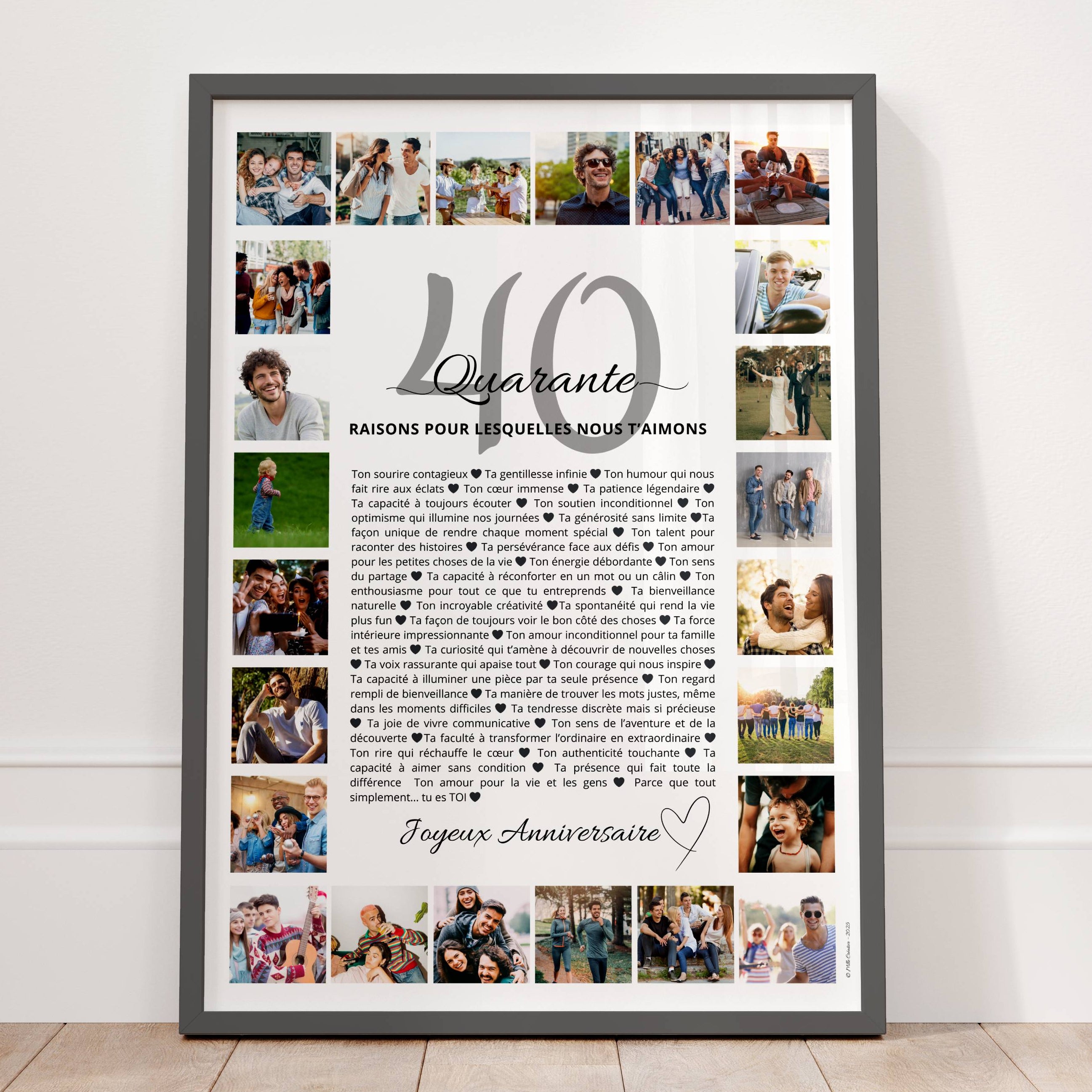 Affiche cadeau 40 ans homme personnalisée avec 24 photos et 40 raisons anniversaire