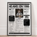 Journal année de naissance 1986 personnalisé avec photo d'enfance, idée cadeau 40 ans présentée dans un cadre noir.