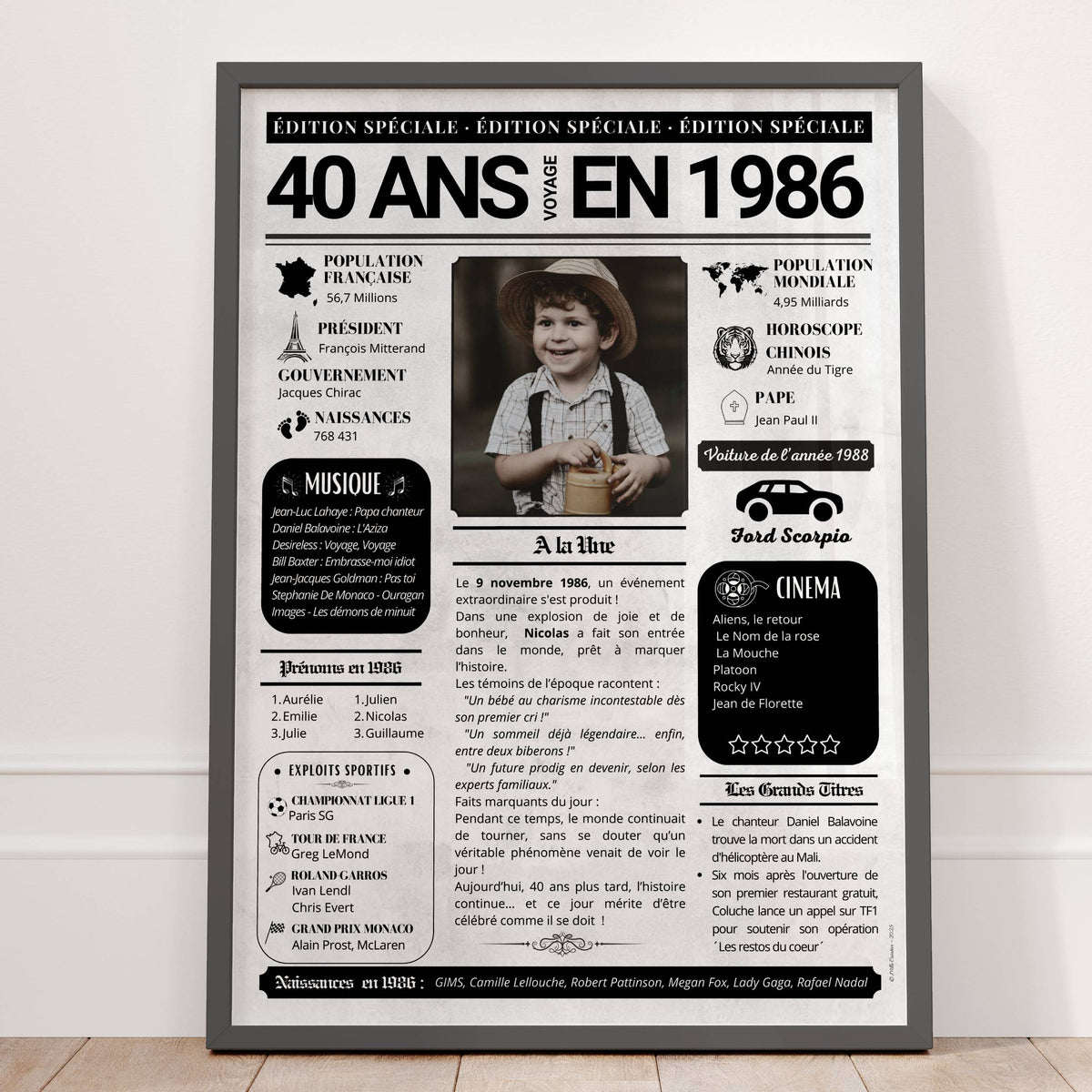 Journal année de naissance 1986 personnalisé avec photo d'enfance, idée cadeau 40 ans présentée dans un cadre noir.