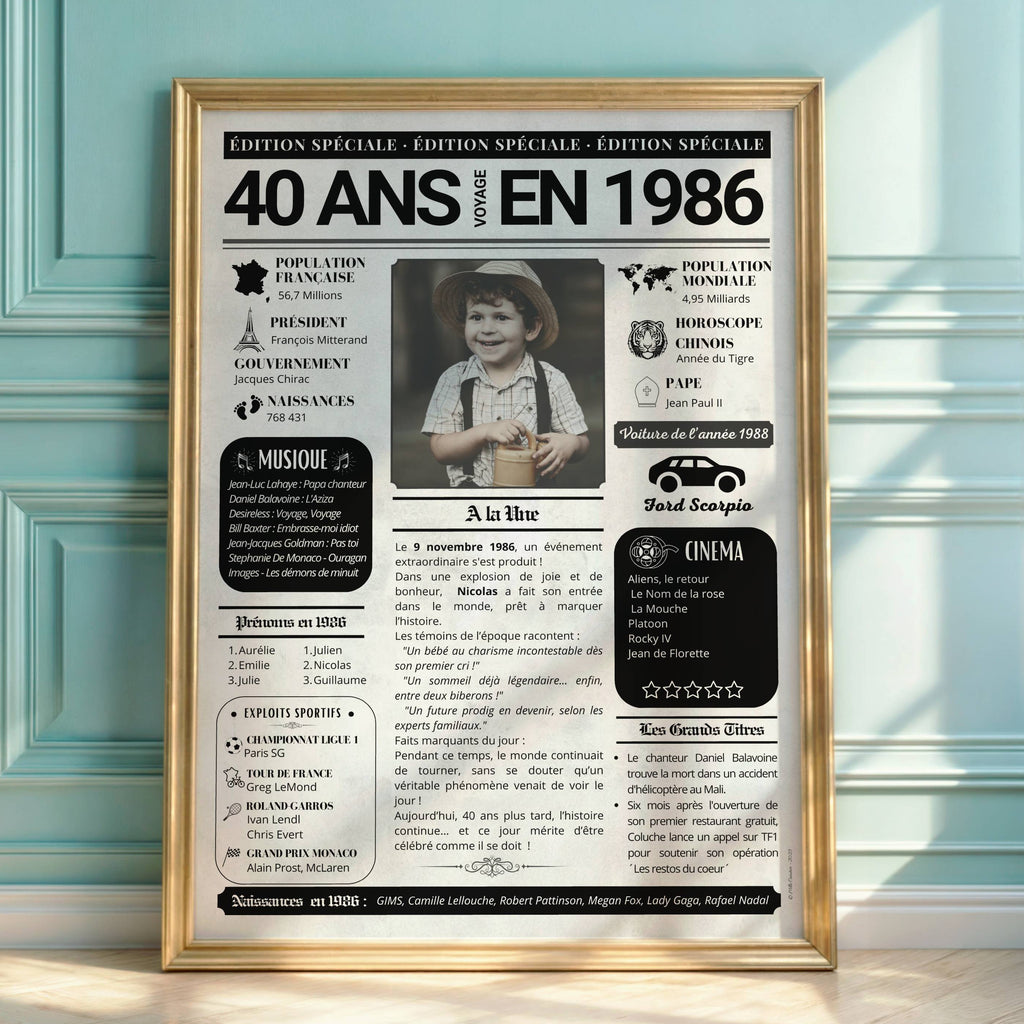Affiche anniversaire 40 ans personnalisée style journal