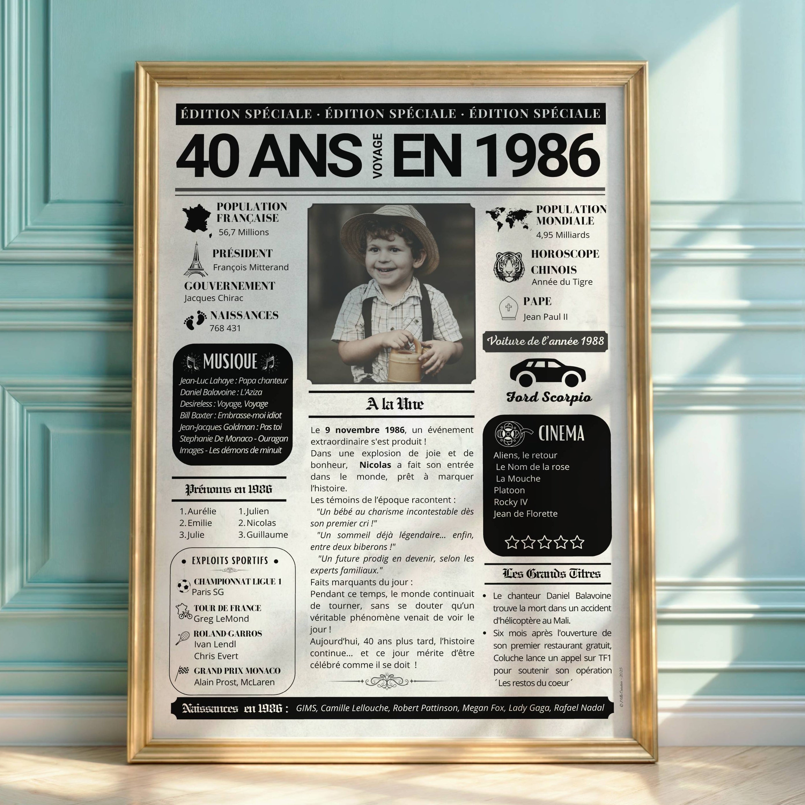 Affiche anniversaire 40 ans personnalisée style journal