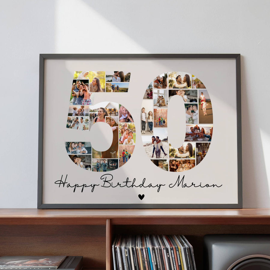 Affiche anniversaire femme 50 ans personnalisée avec photos de famille et moments inoubliables