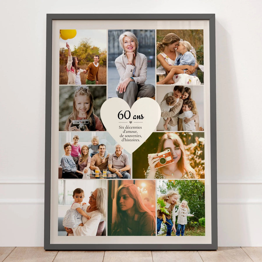 Affiche 60 ans femme personnalisée avec photos souvenirs et message élégant pour anniversaire émouvant