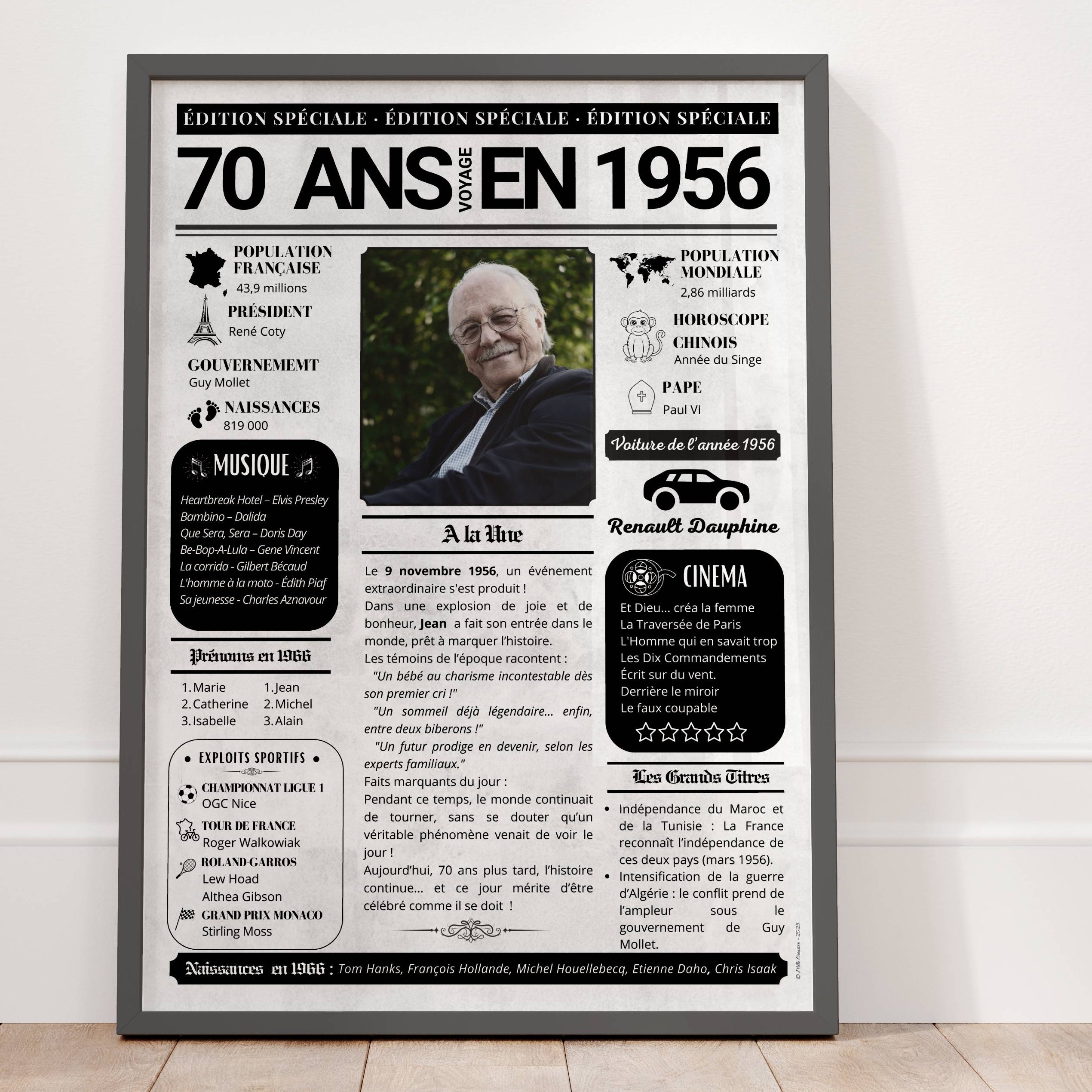 Affiche cadeau 70 ans femme personnalisée journal de l’année 1956 avec photo centrale style rétro élégant