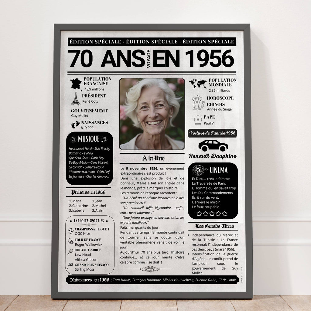 Affiche cadeau 70 ans femme personnalisée journal de l’année 1956 avec photo centrale style rétro élégant