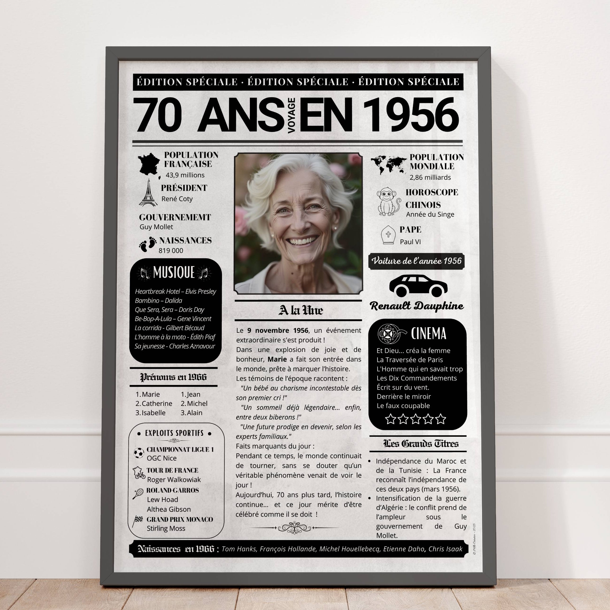 Affiche cadeau 70 ans femme personnalisée journal de l’année 1956 avec photo centrale style rétro élégant