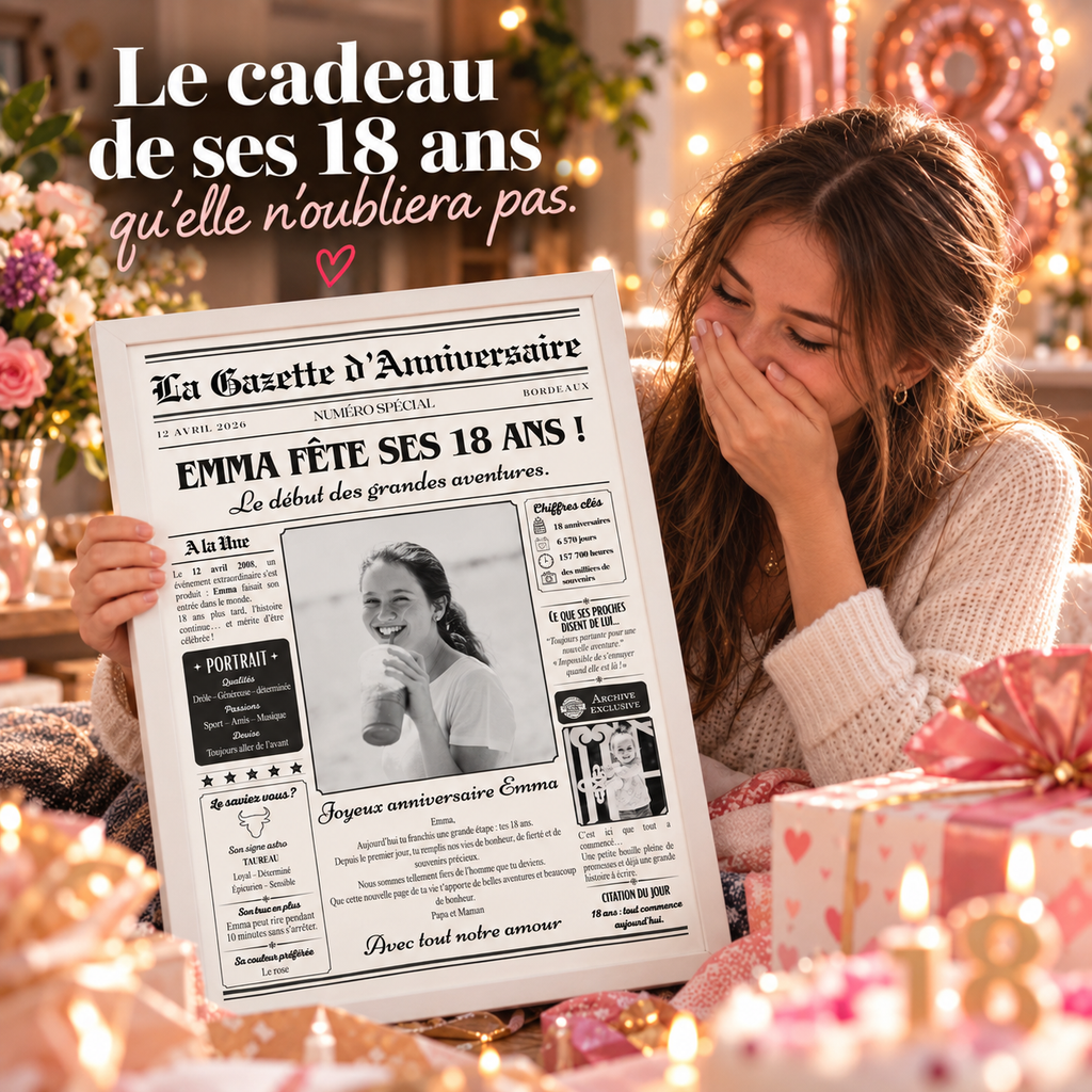 Jeune fille découvrant avec émotion sa gazette personnalisée pour son anniversaire de 18 ans