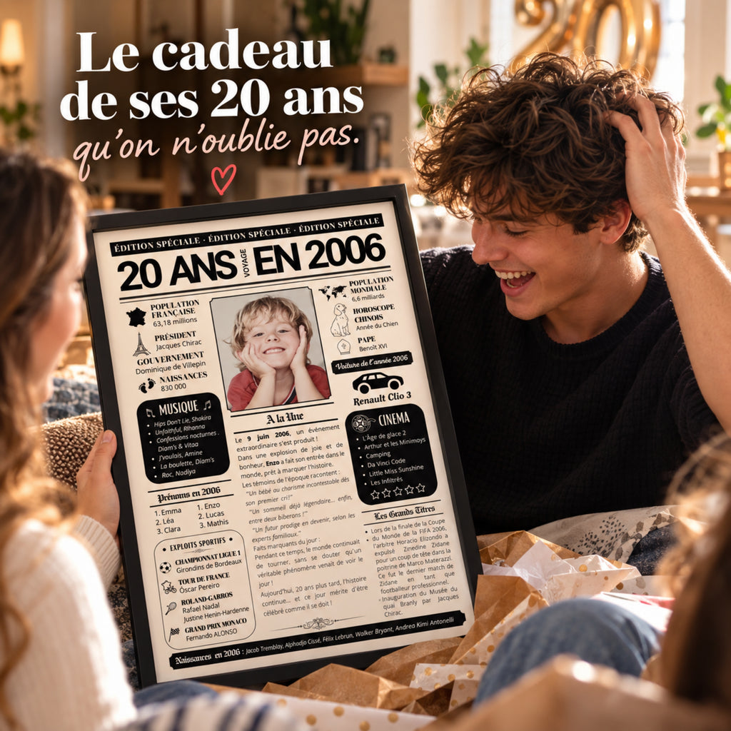 Jeune homme découvrant avec émotion son cadeau de 20 ans, un journal personnalisé de son année de naissance