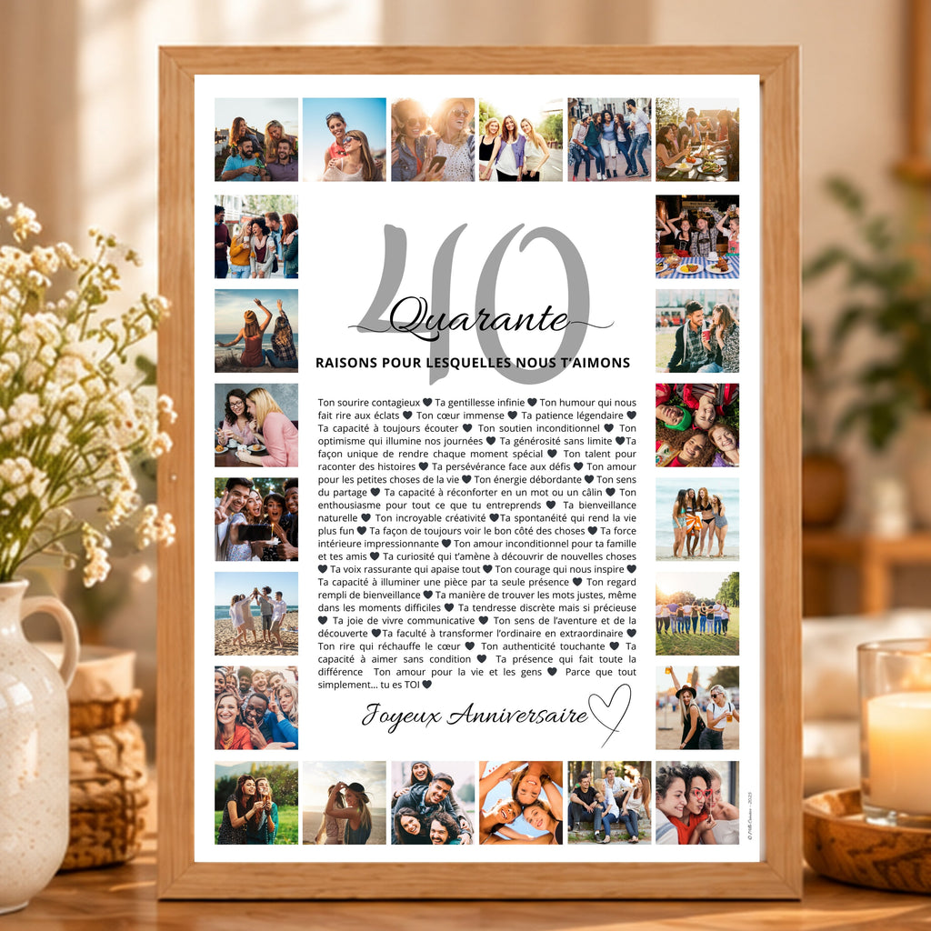 Cadeau d’anniversaire 40 ans : affiche personnalisée avec photos et messages affectueux, présentée dans un cadre en bois clair.