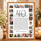 Cadeau d’anniversaire 40 ans : affiche personnalisée avec photos et messages affectueux, présentée dans un cadre en bois clair.