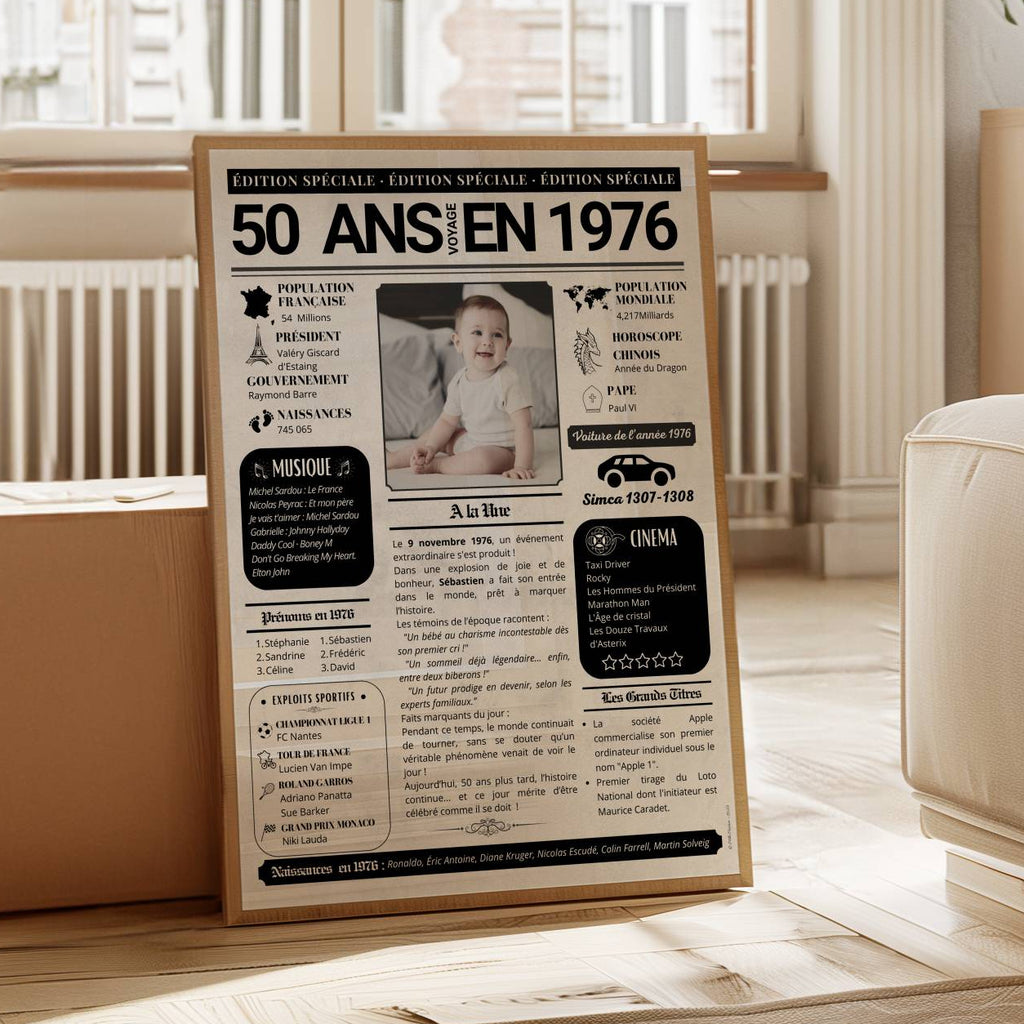 Cadeau 50 ans personnalisé journal de l’année avec photos, affiche anniversaire élégante et émouvante