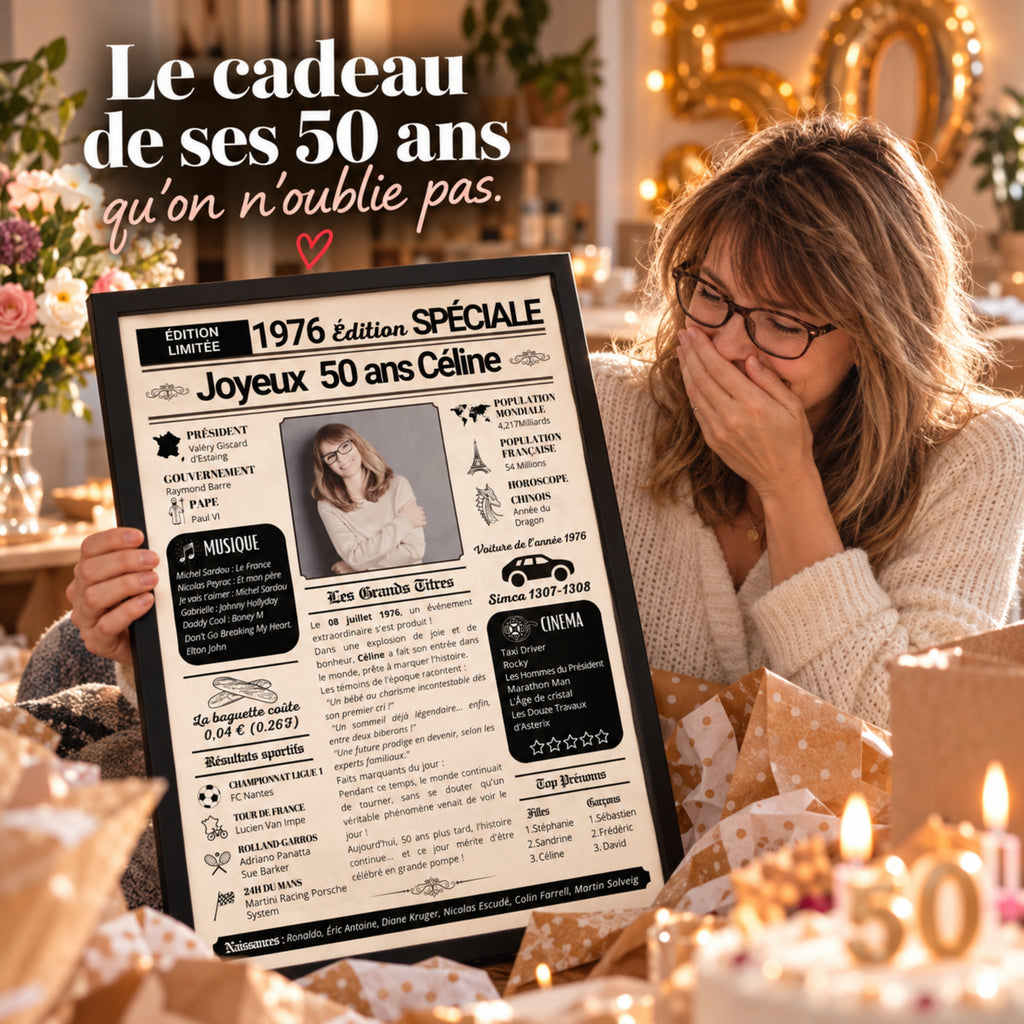 Une femme découvre avec émotion son affiche journal personnalisée pour ses 50 ans, entourée de cadeaux et de décorations d’anniversaire.