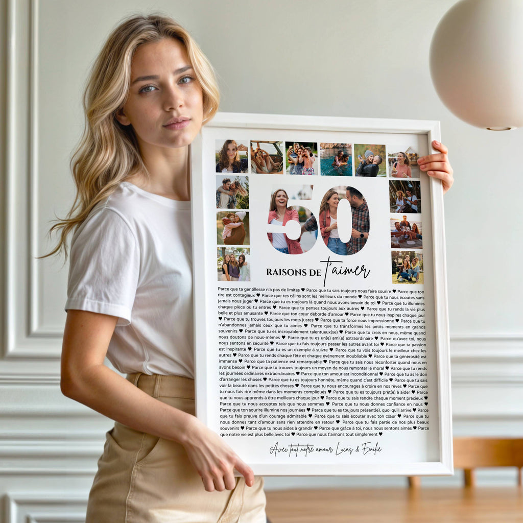 Idée cadeau anniversaire 50 ans avec affiche personnalisée comprenant photos souvenirs et message émotionnel