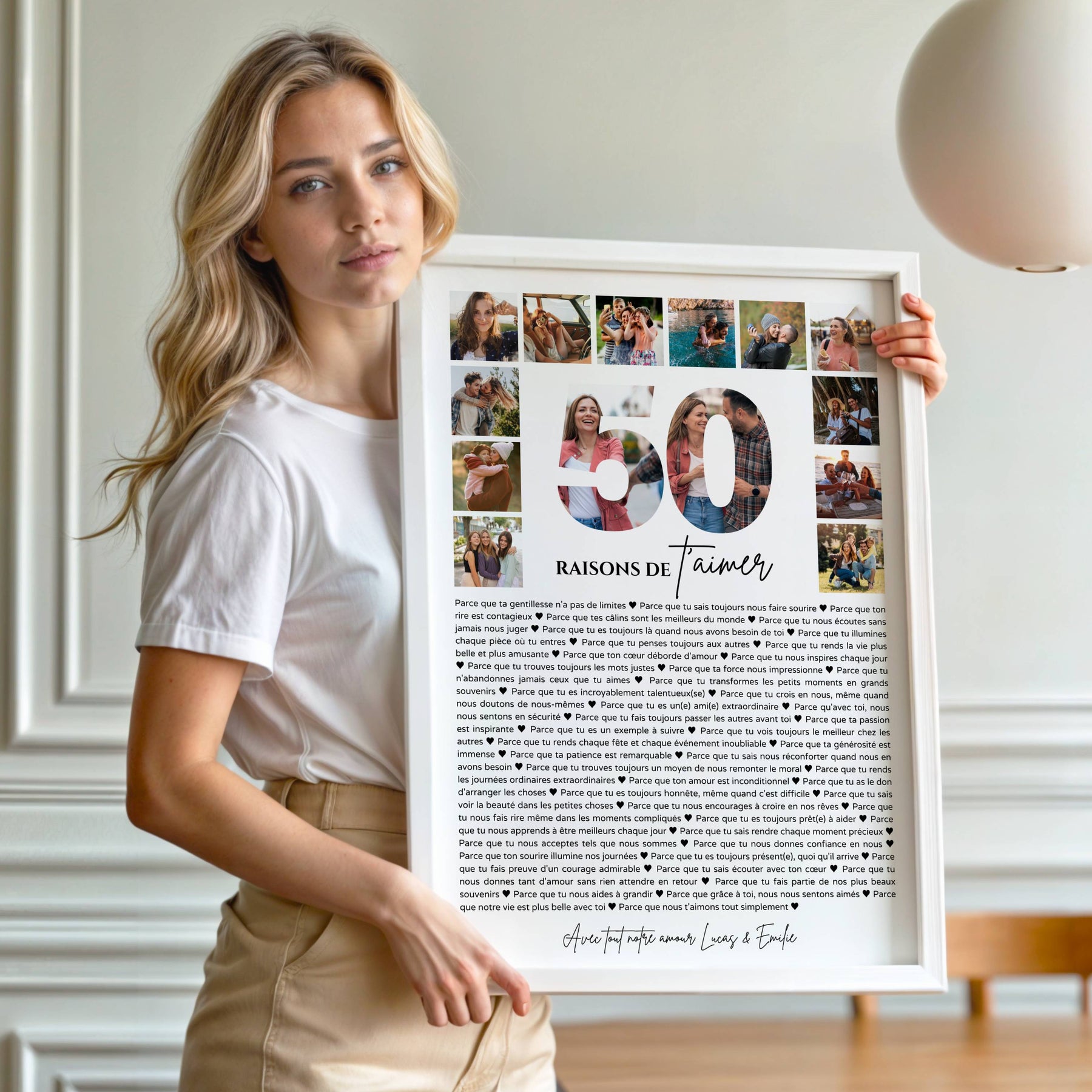 Idée cadeau anniversaire 50 ans avec affiche personnalisée comprenant photos souvenirs et message émotionnel