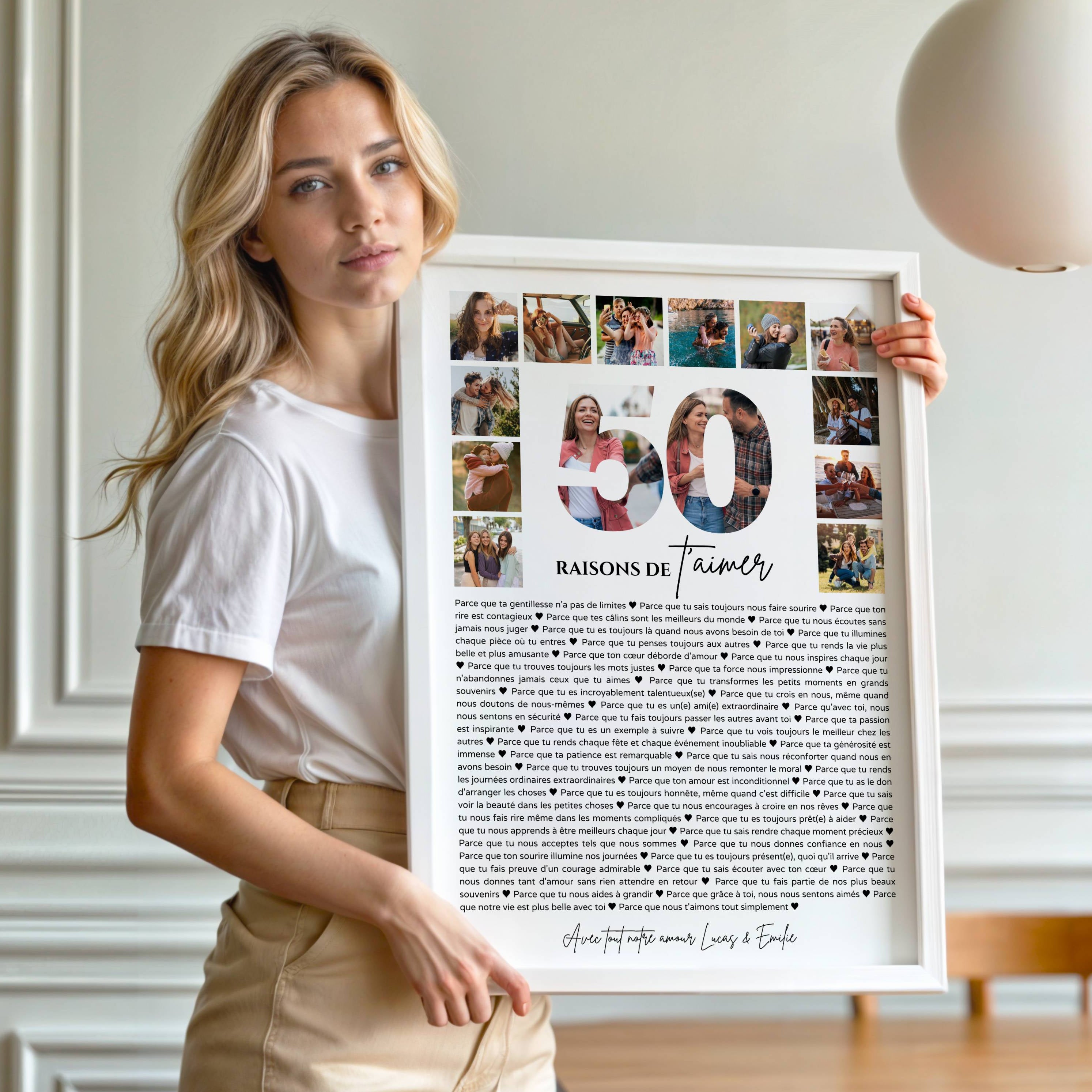 Idée cadeau anniversaire 50 ans avec affiche personnalisée comprenant photos souvenirs et message émotionnel