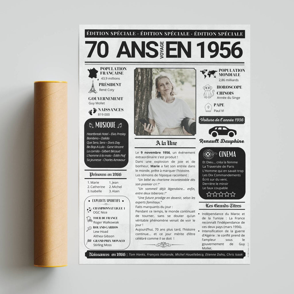 Cadeau anniversaire 70 ans femme personnalisé journal 1956 avec photo style vintage élégant