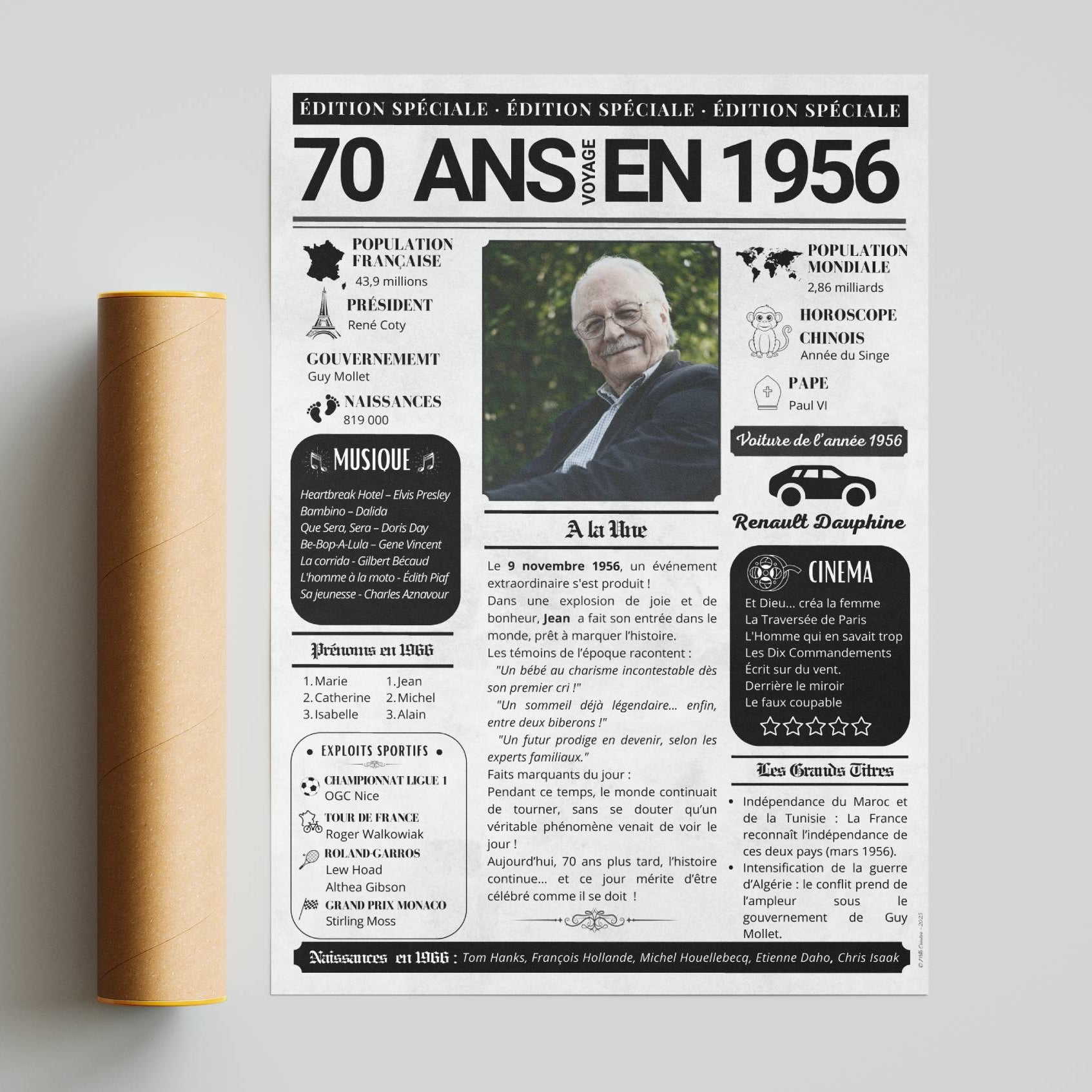 Cadeau anniversaire 70 ans femme personnalisé journal 1956 avec photo style vintage élégant