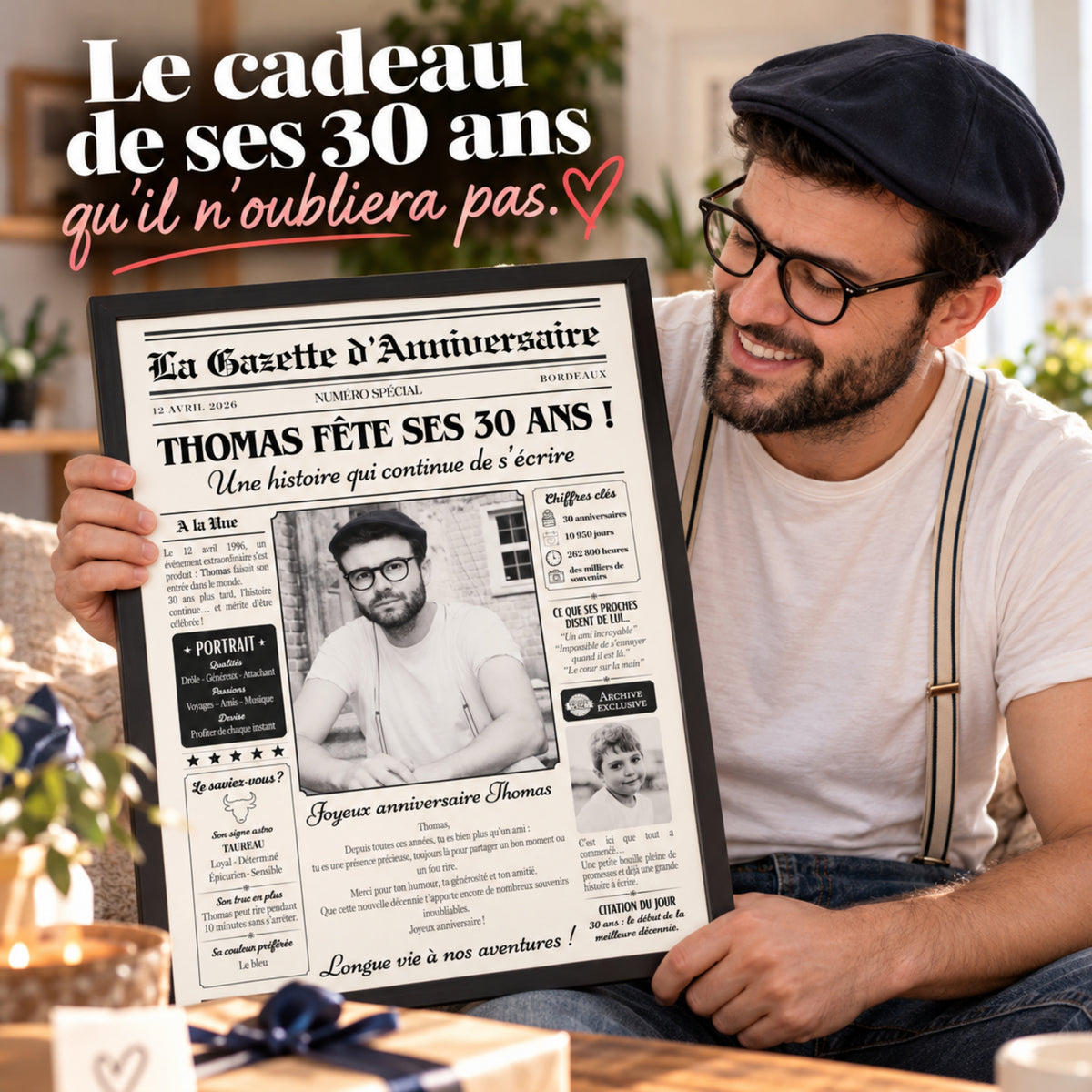 Homme découvrant son cadeau d’anniversaire 30 ans, une gazette personnalisée encadrée