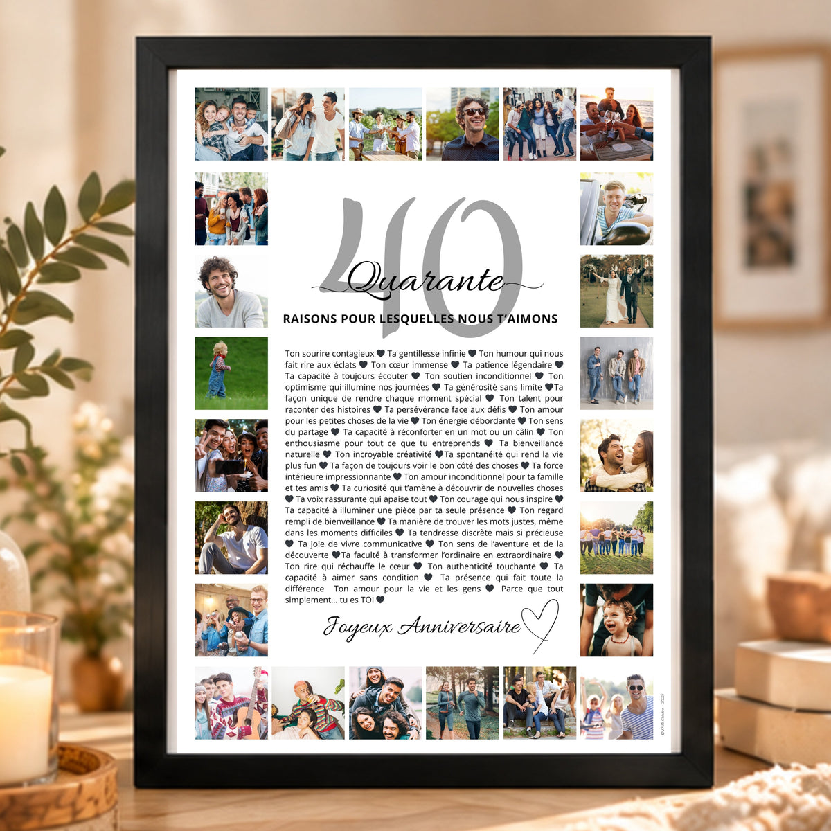 Idée cadeau d'anniversaire pour homme : affiche photo personnalisée dans un cadre noir, posée dans un intérieur chaleureux.