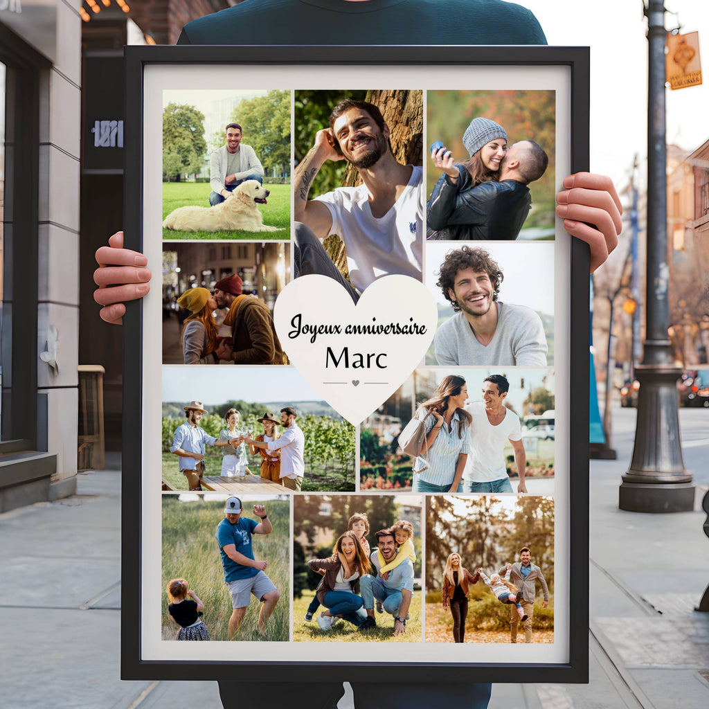 Cadeau anniversaire homme personnalisé avec collage photo et message unique.