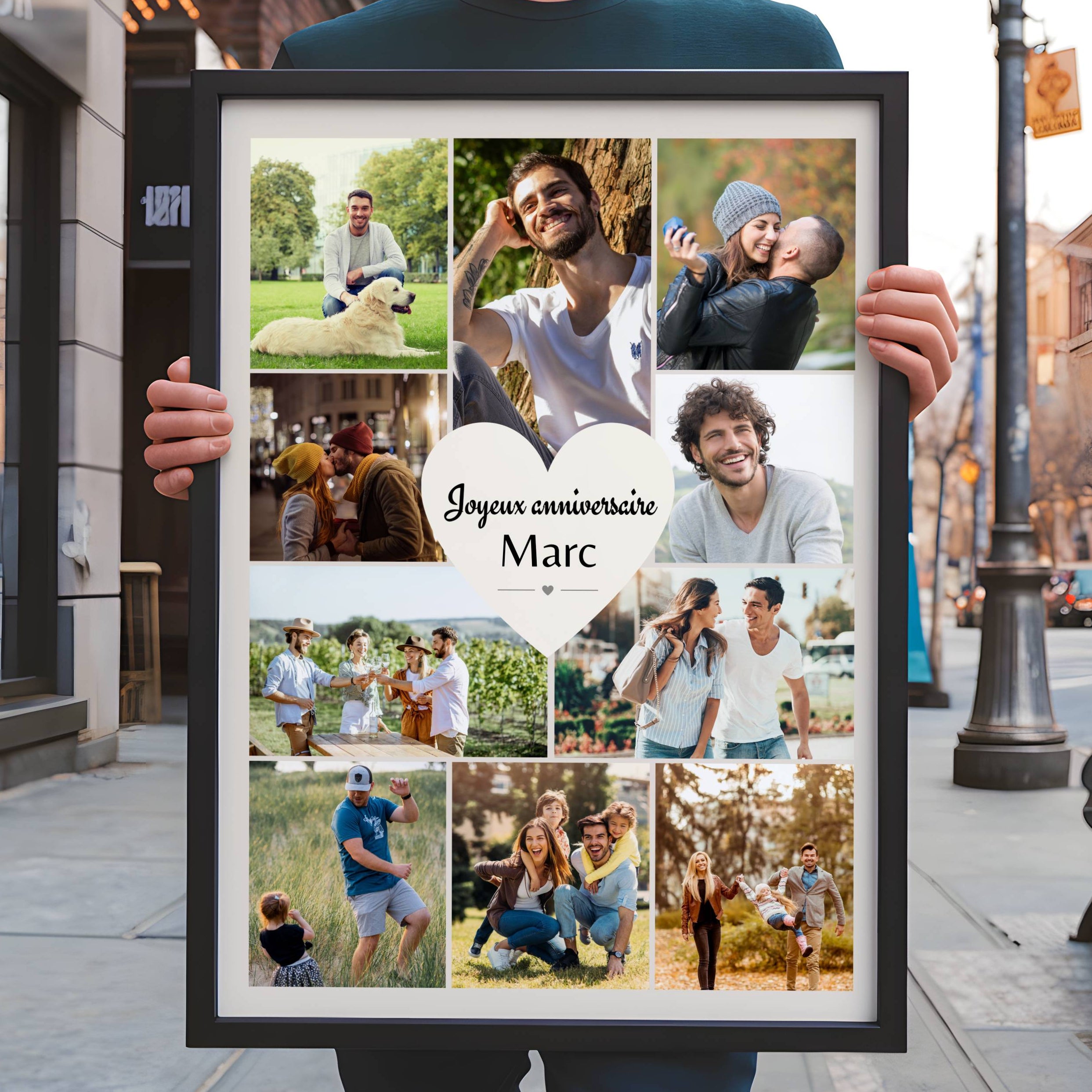 Cadeau anniversaire homme personnalisé avec collage photo et message unique.