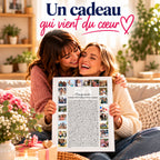 Deux femmes souriantes découvrent une affiche personnalisée 50 raisons de t’aimer, un cadeau souvenir rempli d’émotion.