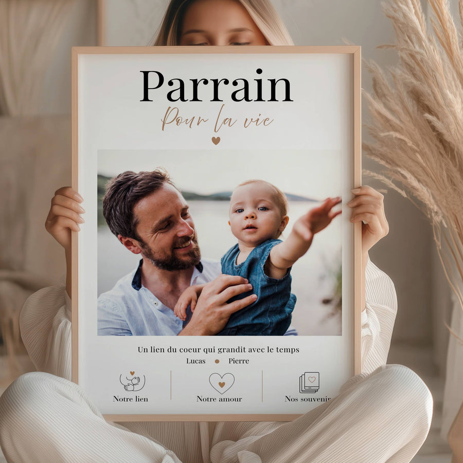 Cadeau baptême parrain avec affiche personnalisée et photo souvenir